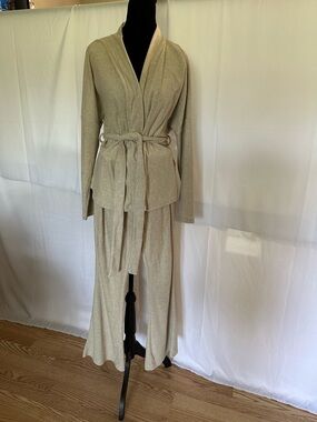 Cider Beige Knit Cardigan and Flare Leg Pants 2 Piece Set